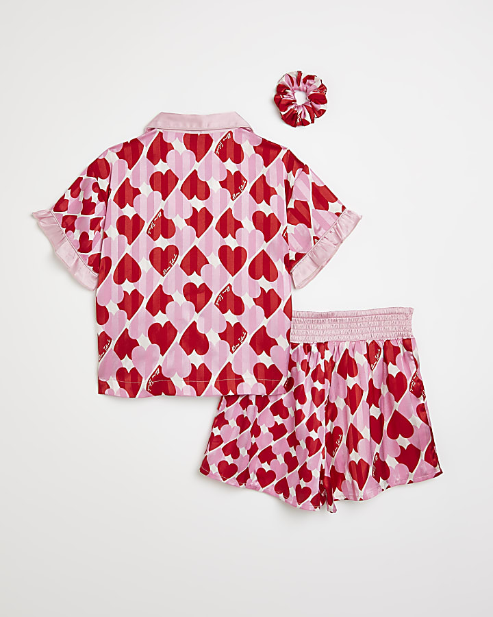Girls pink heart satin pyjama boxed set