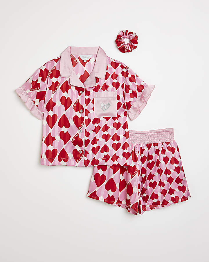 Girls pink heart satin pyjama boxed set