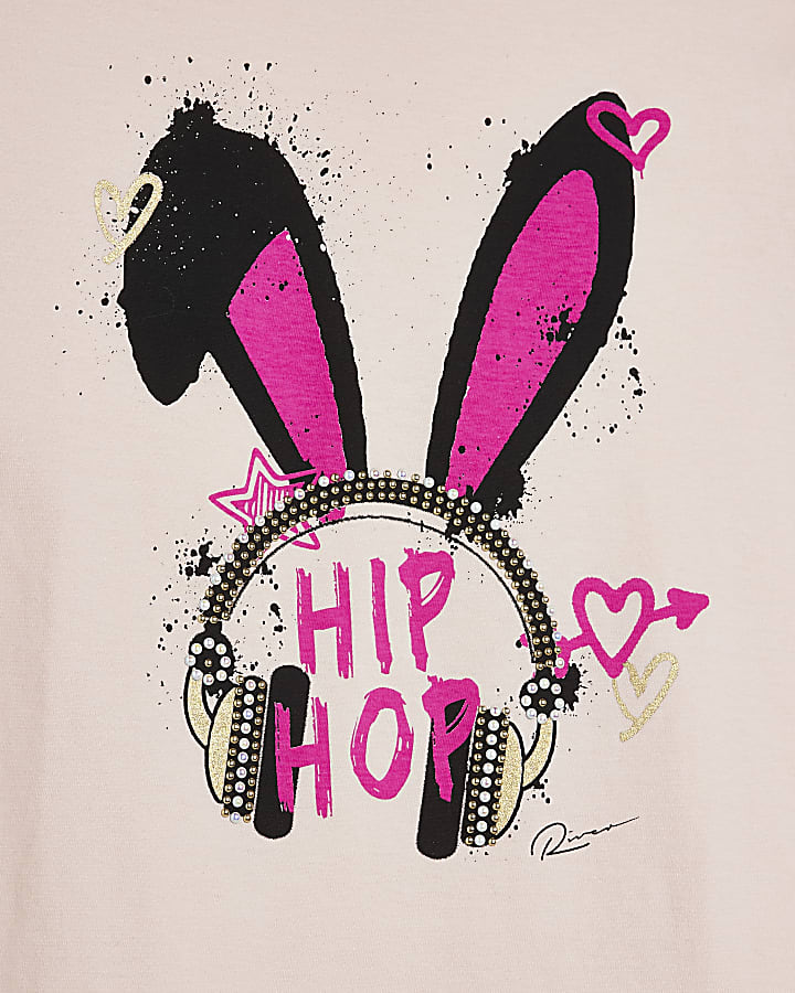 Girls pink 'hip hop' bunny print t-shirt