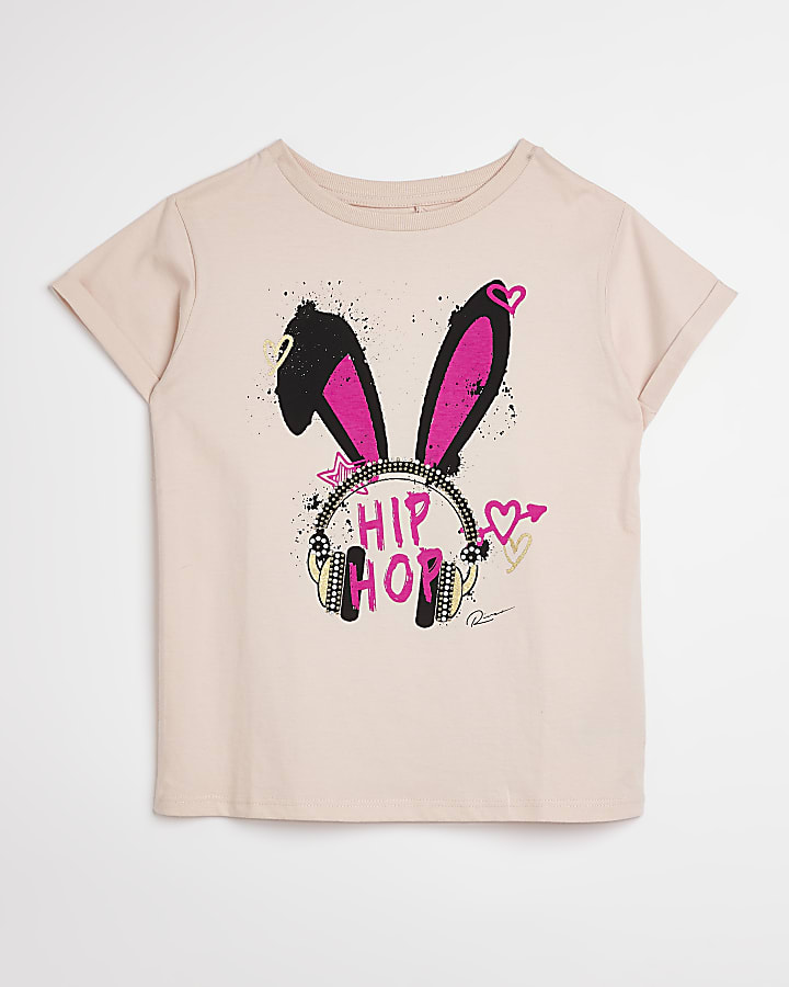 Girls pink 'hip hop' bunny print t-shirt