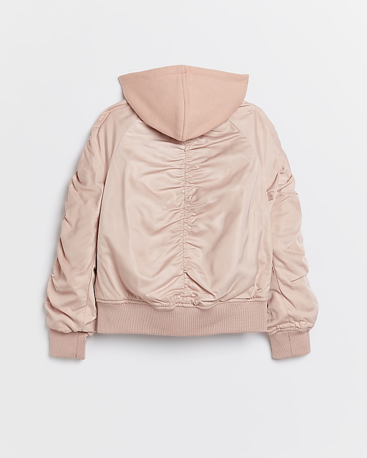 Girls pink hooded ruched bomber jacket