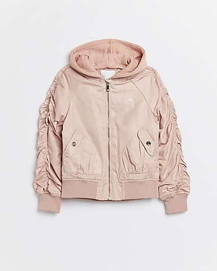Girls pink hooded ruched bomber jacket