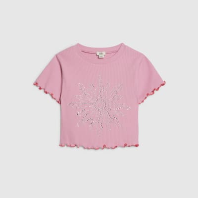 Girls Pink Hotfix Sun Lettuce Hem T-Shirt | River Island