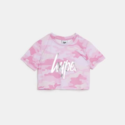 Girls pink HYPE camo crop top River Island
