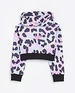 Girls Pink HYPE Leopard Print Cropped Hoodie