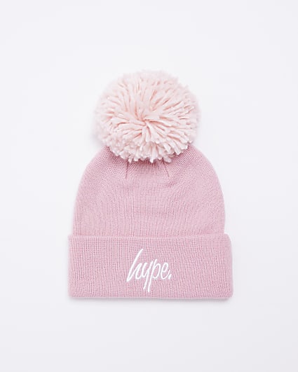 Girls Pink HYPE Logo Pom Pom Beanie Hat