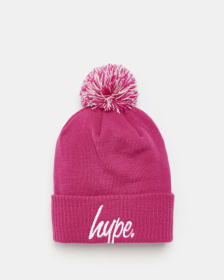 Girls pink HYPE pom pom beanie hat