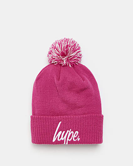 Girls pink HYPE pom pom beanie hat