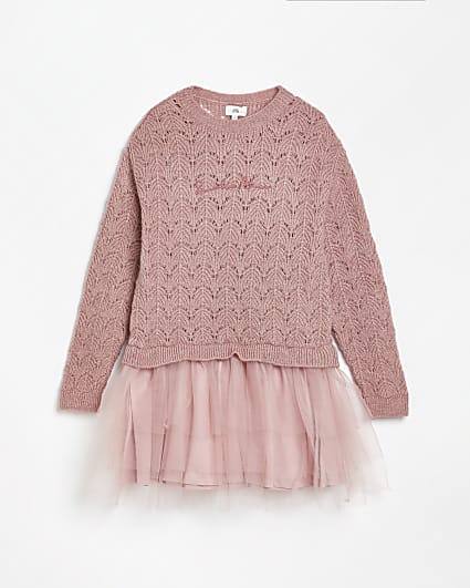 Girls pink knit jumper and mesh dress