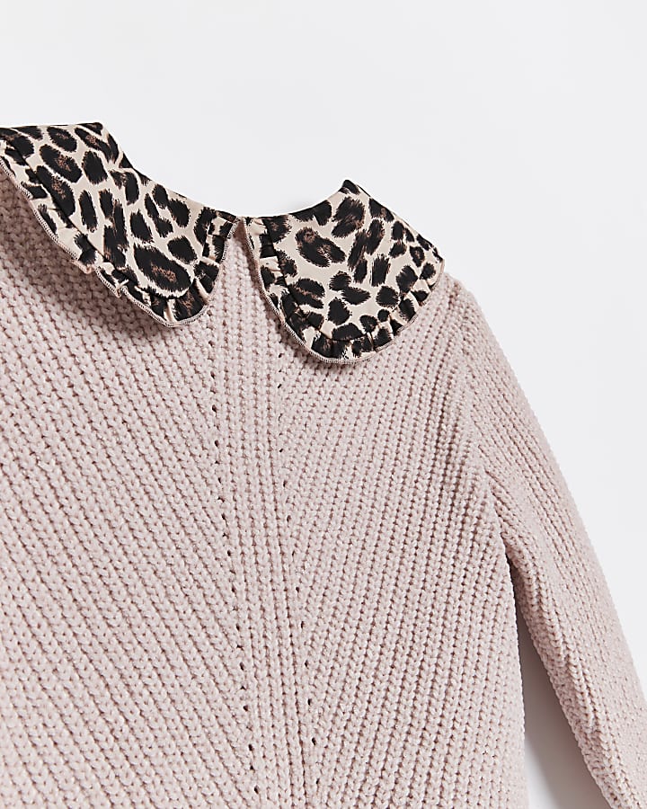 Girls pink knit leopard print collar jumper