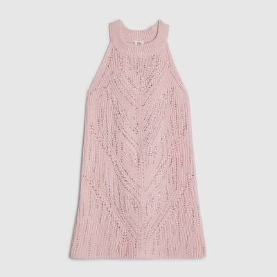 Girls Pink Knitted Diamante Dress