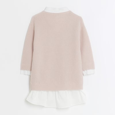 Girls pink knitted hybrid shirt jumper dress River Island