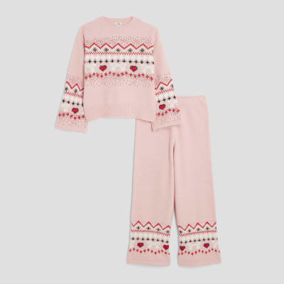 Girls Pink Knitted Sequin Fairisle Jumper Set