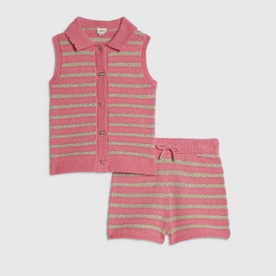 Girls Pink Knitted Striped Top And Shorts Set