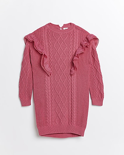 Girls pink lace frill cable knit jumper dress