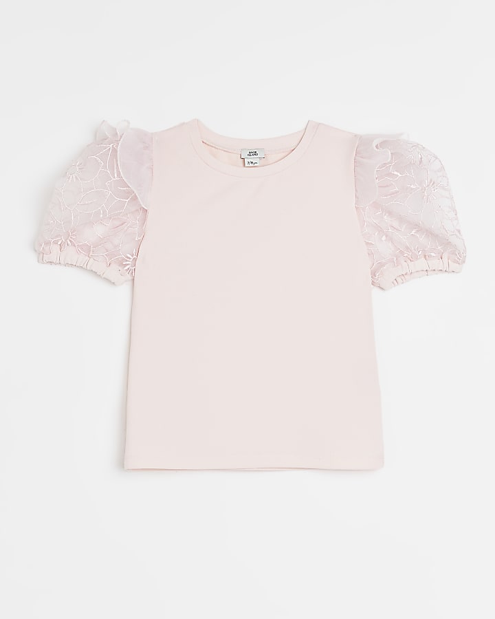 Girls pink lace frill sleeve top