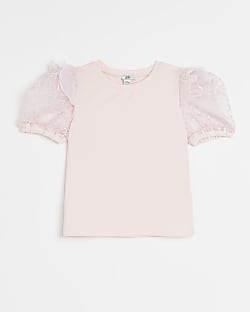 Girls pink lace frill sleeve top