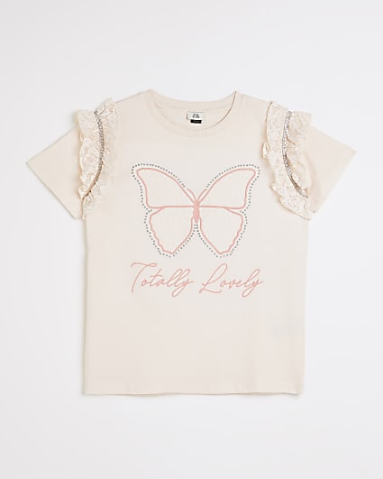 Girls pink lace sleeve butterfly t-shirt