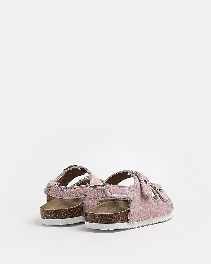 Girls pink leather cork double buckle sandals