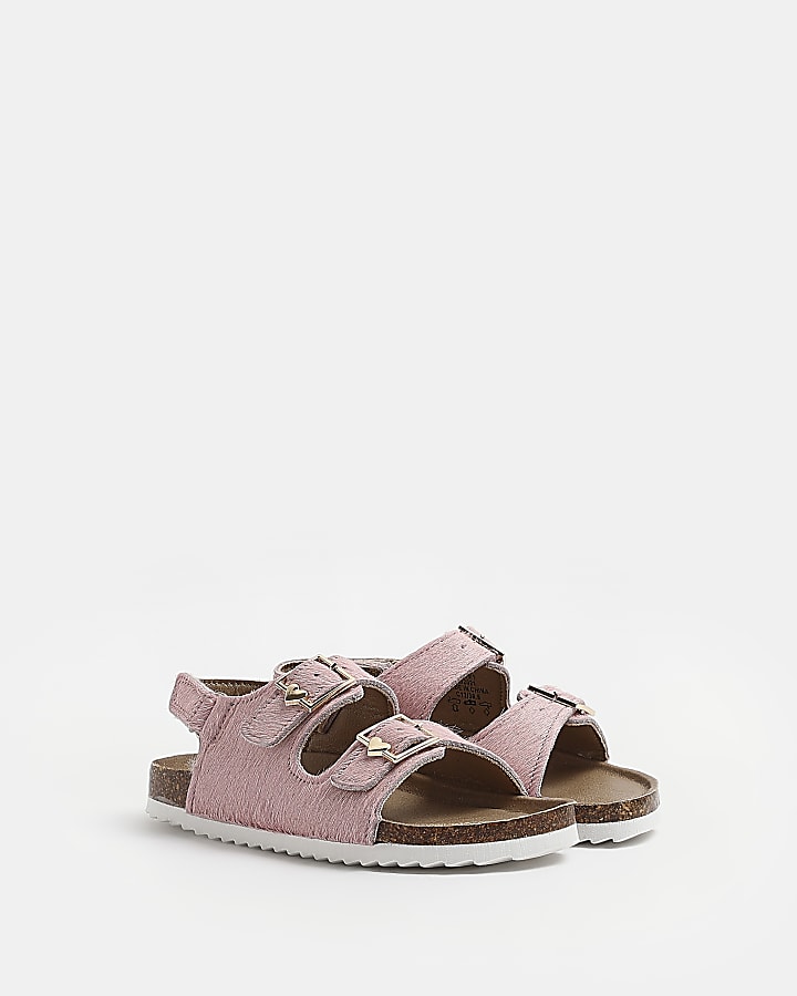 Girls pink leather cork double buckle sandals