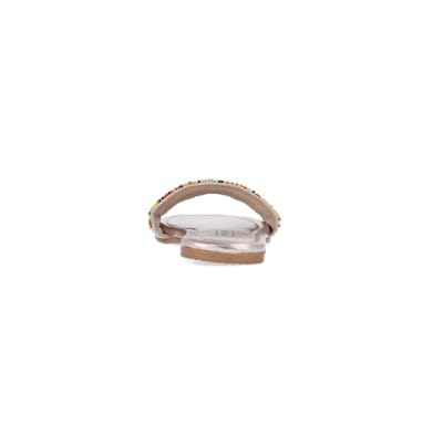 360 degree animation of product Girls pink leather slip on sequin sandals frame-9