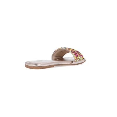 360 degree animation of product Girls pink leather slip on sequin sandals frame-12