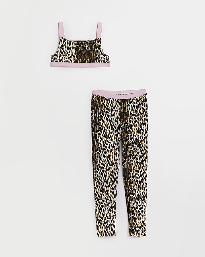 Girls pink leopard crop top and leggings set