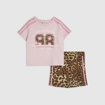 Girls Pink Leopard Print 98 T-ShIrt Set | River Island
