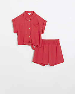 Girls pink linen top and shorts set