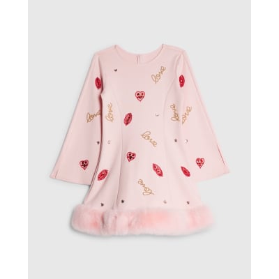 Girls Pink Lips Faux Fur Hem Dress