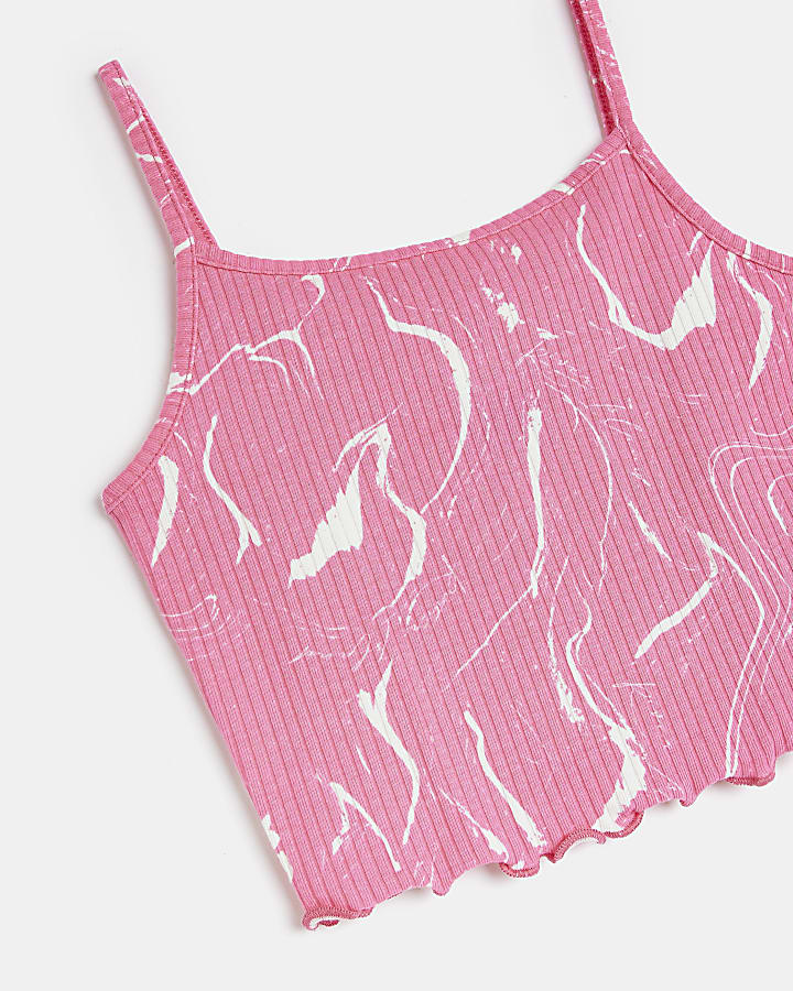 Girls pink marble print ribbed cami top