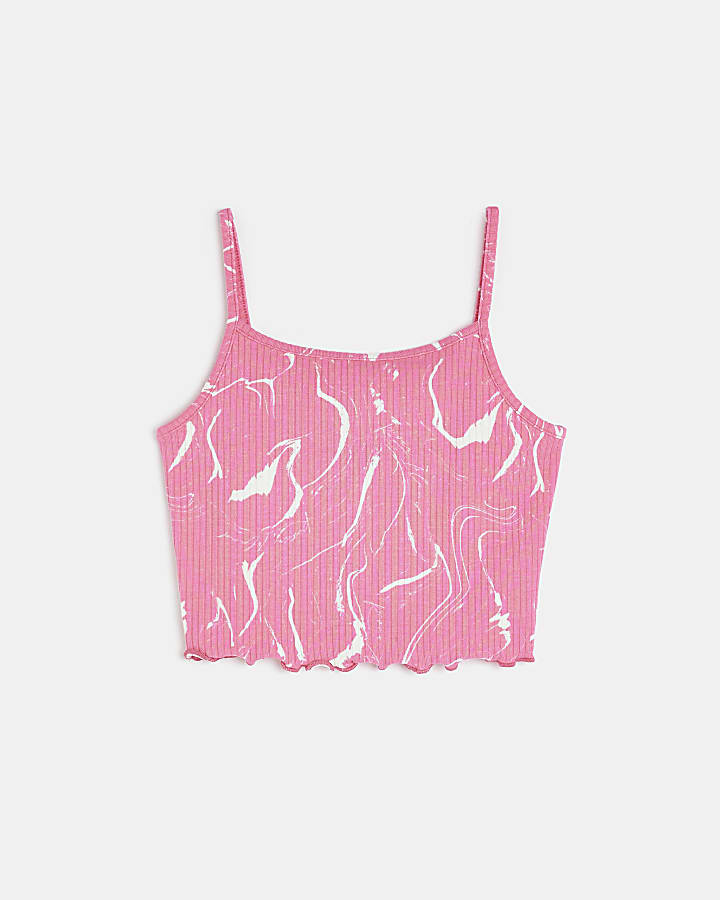 Girls pink marble print ribbed cami top
