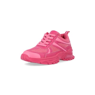360 degree animation of product Girls pink mesh chunky trainers frame-0