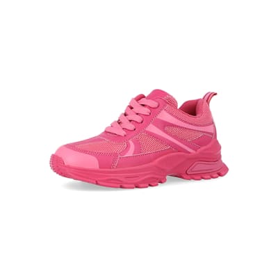 360 degree animation of product Girls pink mesh chunky trainers frame-1