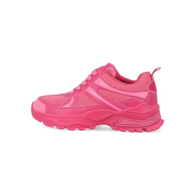360 degree animation of product Girls pink mesh chunky trainers frame-4