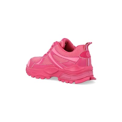 360 degree animation of product Girls pink mesh chunky trainers frame-6