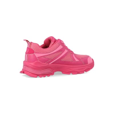 360 degree animation of product Girls pink mesh chunky trainers frame-13