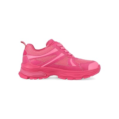 360 degree animation of product Girls pink mesh chunky trainers frame-15