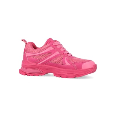 360 degree animation of product Girls pink mesh chunky trainers frame-16