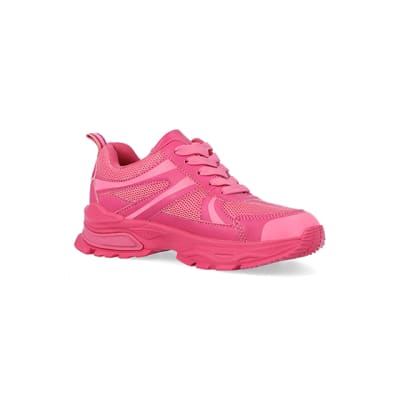 360 degree animation of product Girls pink mesh chunky trainers frame-17