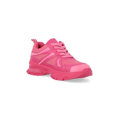 360 degree animation of product Girls pink mesh chunky trainers frame-18