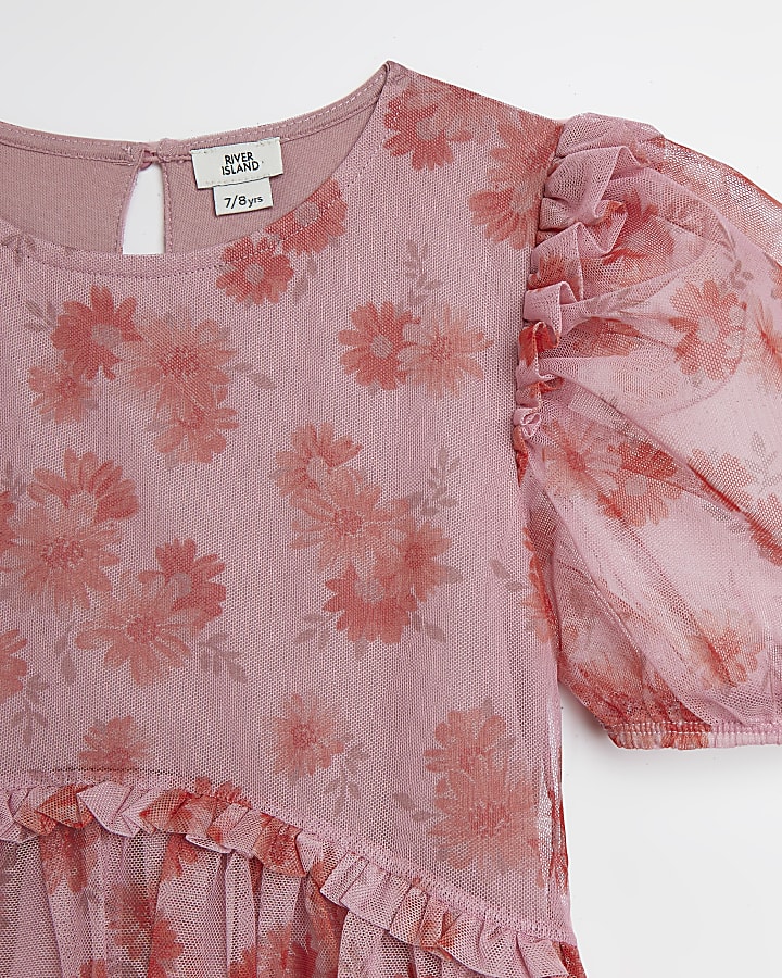Girls pink mesh floral frill tea dress