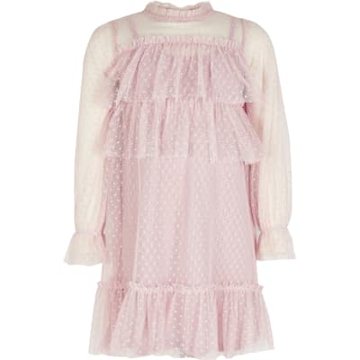 Girls pink mesh frill long sleeve dress River Island