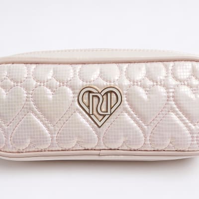 Girls pink metallic heart nylon pencil case