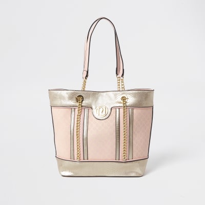 Girls pink metallic jacquard shopper bag | River Island