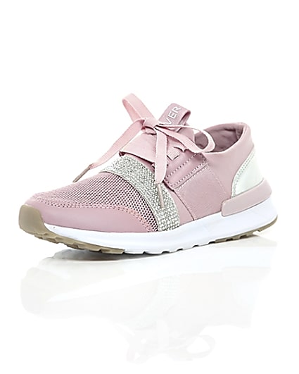 360 degree animation of product Girls pink metallic runner trainers frame-0