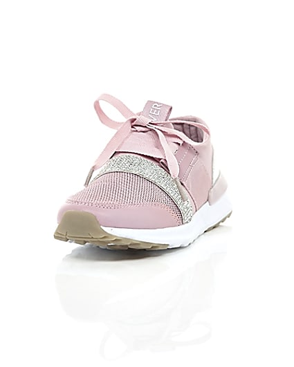 360 degree animation of product Girls pink metallic runner trainers frame-2