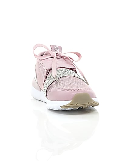 360 degree animation of product Girls pink metallic runner trainers frame-5