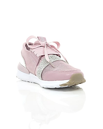 360 degree animation of product Girls pink metallic runner trainers frame-6