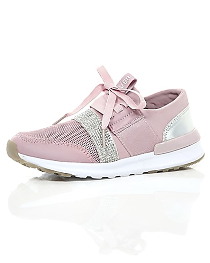 360 degree animation of product Girls pink metallic runner trainers frame-23